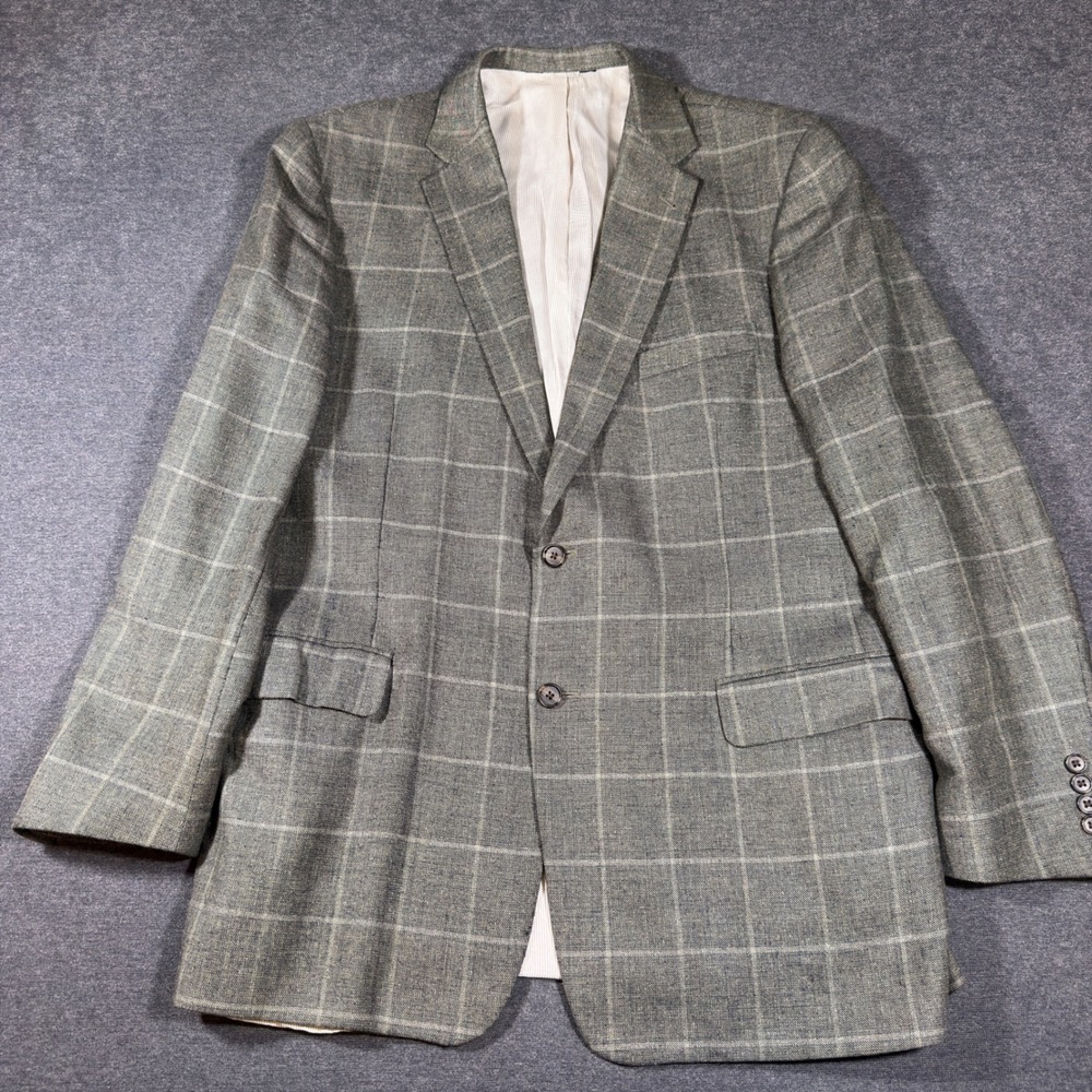 Jos. A. Bank Blazer Mens 46L Gray Tailored Fit Silk Linen Wool Plaid Sport Coat